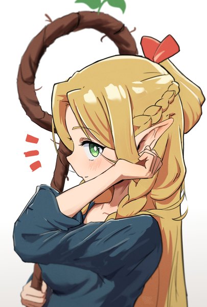 Anime picture 2329x3448 with dungeon meshi studio trigger marcille donato rokochan single long hair tall image looking at viewer highres simple background blonde hair white background green eyes upper body profile pointy ears adjusting hair girl staff