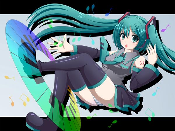 Anime picture 1066x800 with vocaloid hatsune miku light erotic twintails green eyes green hair pantyshot music girl thighhighs underwear panties detached sleeves striped panties