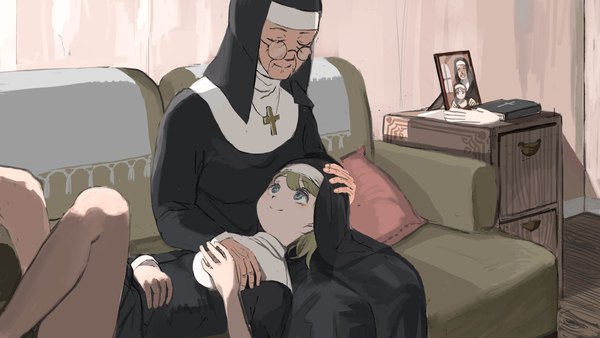 Anime picture 2048x1152 with little nuns (diva) protagonist nun (diva) mother superior (diva) diva (hyxpk) fringe highres short hair blue eyes blonde hair smile wide image multiple girls bent knee (knees) indoors lying eyes closed on back nun lap pillow headpat