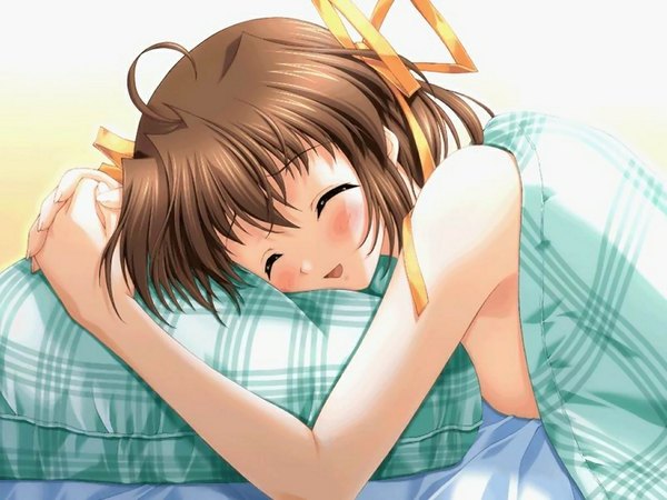 Anime picture 1024x768 with da capo asakura nemu nanao naru blush short hair breasts light erotic brown hair game cg eyes closed wallpaper sideboob ribbon (ribbons) pillow bed