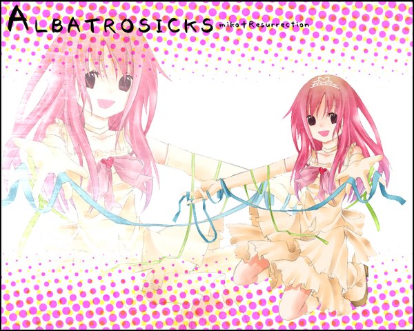 Anime picture 1280x1024 with albatrosicks long hair open mouth simple background smile brown eyes pink hair inscription outstretched arm zoom layer girl dress ribbon (ribbons) bow heart tiara