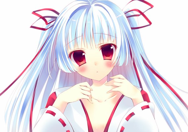 Anime picture 1000x705 with original amanagi seiji single long hair looking at viewer blush simple background red eyes white background white hair girl ribbon (ribbons) hair ribbon