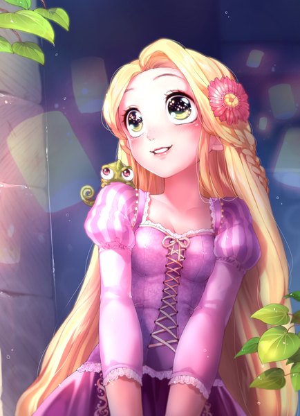 Anime picture 1154x1595 with tangled disney rapunzel pascal (tangled) rojiko single tall image blush blonde hair green eyes very long hair hair flower looking up girl dress hair ornament flower (flowers) plant (plants)