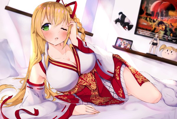 Anime picture 2039x1378 with virtual youtuber .live kongou iroha suzushika (13 96) single long hair blush fringe highres breasts open mouth light erotic blonde hair hair between eyes large breasts green eyes looking away cleavage full body indoors
