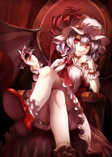 Anime picture 1036x1450 with touhou remilia scarlet fami (yellow skies) single tall image short hair smile red eyes sitting purple hair nail polish lips bat wings girl dress underwear hat earrings wings socks