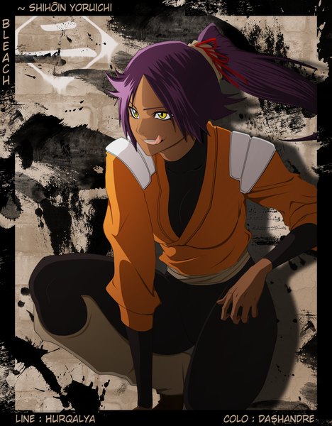 Anime picture 1060x1360 with bleach studio pierrot shihouin yoruichi dashandre single long hair tall image smile yellow eyes purple hair ponytail inscription alternate costume coloring framed girl ribbon (ribbons) hair ribbon tongue