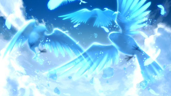 Anime picture 1280x720 with tokeijikake no ley line urabi (tomatohouse) wide image game cg sky no people animal bird (birds) feather (feathers)