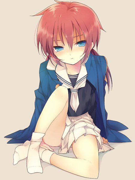 Anime picture 800x1067 with inazuma eleven inazuma eleven go kirino ranmaru mzyk-mk2 single long hair tall image looking at viewer blush blue eyes simple background sitting twintails red hair grey background no shoes otoko no ko boy uniform socks
