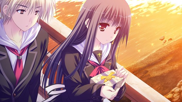 Anime picture 1280x720 with hello,good-bye lump of sugar rindou natsume moekibara fumitake long hair short hair black hair wide image yellow eyes game cg white hair couple girl boy serafuku