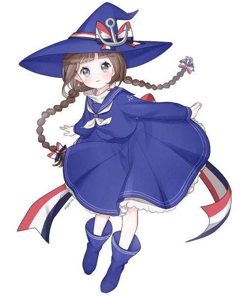 Anime picture 1024x1262 with wadanohara and the great blue sea wadanohara marin (myuy 3) single long hair tall image looking at viewer blush fringe simple background brown hair white background signed braid (braids) grey eyes tears twin braids spread arms girl uniform
