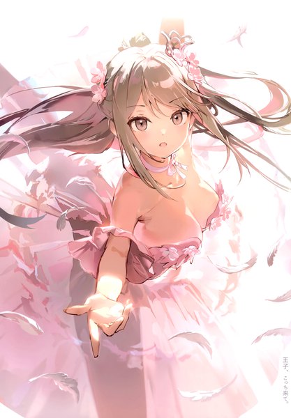 Anime picture 2406x3464 with original anmi single long hair tall image looking at viewer fringe highres breasts open mouth light erotic simple background brown hair large breasts white background brown eyes hair flower scan spread arms see-through silhouette