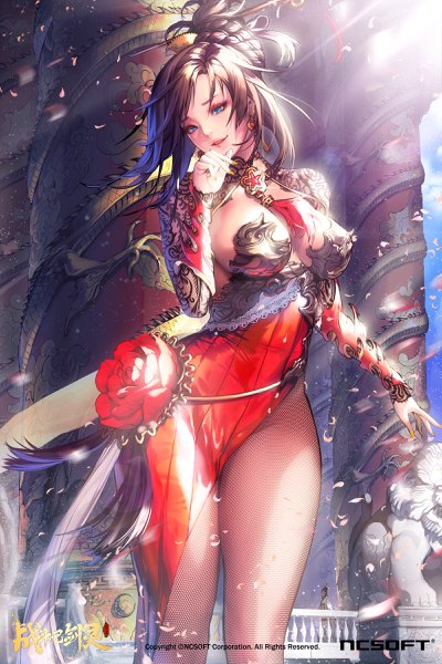 Anime picture 1600x2400 with blade & soul nightmadness tall image looking at viewer short hair breasts blue eyes light erotic smile brown hair large breasts standing outdoors braid (braids) nail polish parted lips head tilt fingernails tattoo copyright name