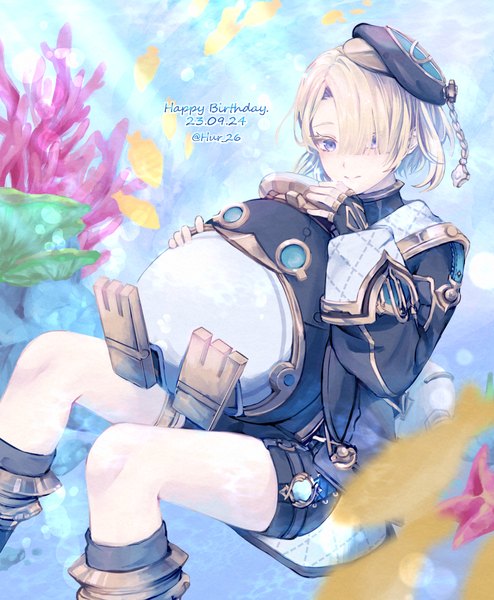 Anime picture 1680x2040 with genshin impact freminet (genshin impact) pers (genshin impact) hur riri26 single tall image fringe short hair blue eyes blonde hair smile signed hair over one eye twitter username dated underwater happy birthday boy gloves animal