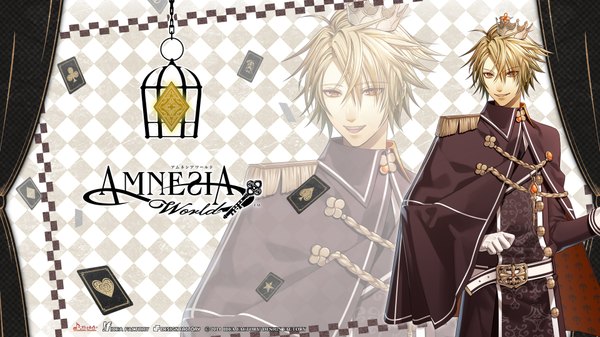 Anime picture 1920x1080 with amnesia amnesia world idea factory toma (amnesia) hanamura mai single looking at viewer fringe highres short hair blonde hair smile wide image standing yellow eyes game cg inscription official art wallpaper boy