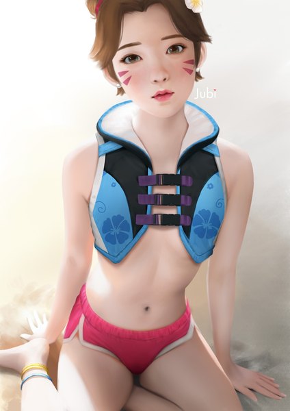 Anime picture 2480x3508 with overwatch blizzard entertainment d.va (overwatch) waveracer d.va jubi (regiana) single tall image looking at viewer highres short hair light erotic brown hair sitting brown eyes signed head tilt barefoot lipstick gradient background facial mark