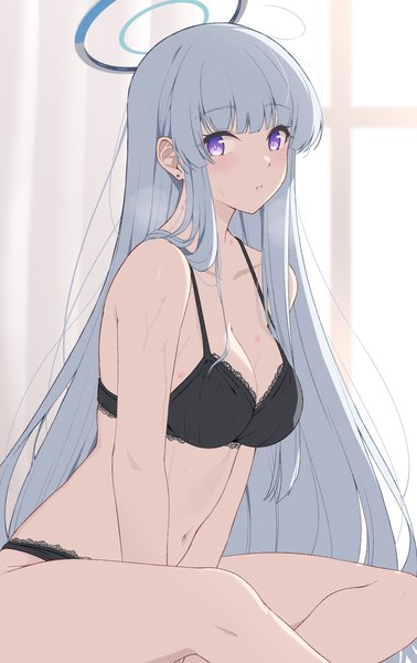 Anime-Bild 1587x2521 mit blue archive noa (blue archive) reia 76 single long hair tall image looking at viewer blush fringe breasts light erotic large breasts sitting purple eyes bare shoulders cleavage silver hair blunt bangs parted lips underwear only