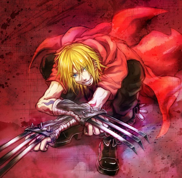 Anime picture 1693x1660 with togainu no chi nitro+chiral gunji (tnc) single looking at viewer short hair blue eyes blonde hair smile sitting tattoo boy weapon earrings thigh boots bandage (bandages) claws thorns