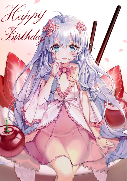 Anime picture 2160x3084 with soul worker stella unibell buri (retty9349) single long hair tall image looking at viewer blush fringe highres open mouth blue eyes simple background smile hair between eyes sitting silver hair ahoge hair flower crossed legs