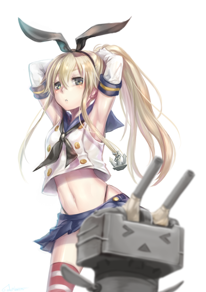 Anime picture 811x1145 with kantai collection shimakaze destroyer rensouhou-chan ao+beni long hair tall image looking at viewer blush simple background blonde hair white background green eyes ponytail pleated skirt bare belly armpit (armpits) hands on head girl thighhighs skirt