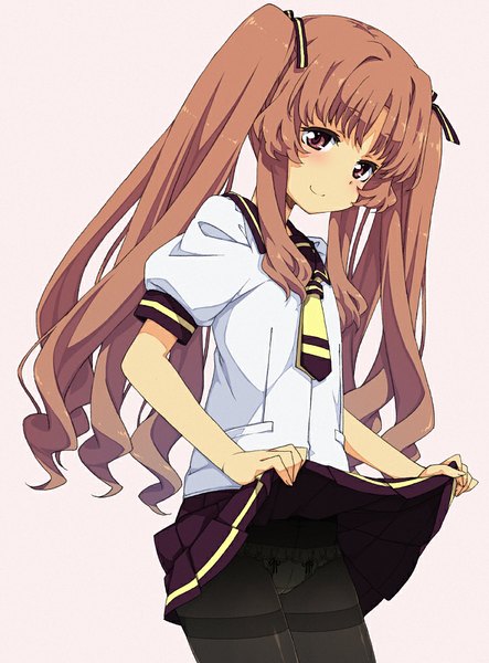 Anime picture 739x1000 with ano natsu de matteru j.c. staff yamano remon saipaco single long hair tall image looking at viewer blush light erotic simple background smile brown hair twintails brown eyes grey background pantyshot skirt lift girl skirt