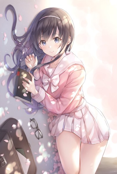 Anime picture 1300x1928 with original cuna (qunya) single long hair tall image looking at viewer blush fringe blue eyes black hair simple background smile hair between eyes holding lying long sleeves pleated skirt bare legs cherry blossoms on side