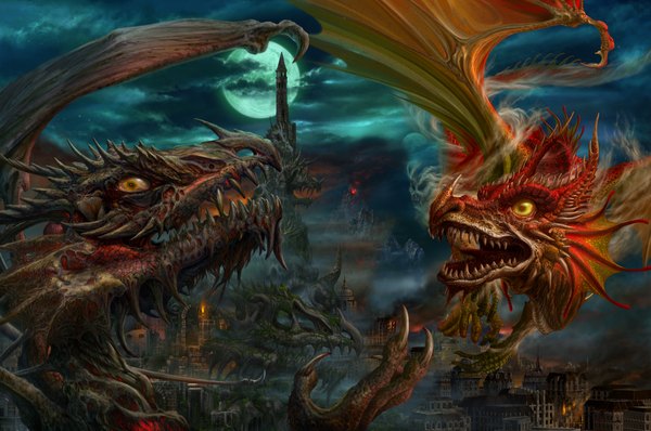 Anime picture 2257x1500 with original ucchiey highres yellow eyes cloud (clouds) horn (horns) night night sky city smoke flying fantasy battle volcano animal wings moon full moon skull dragon
