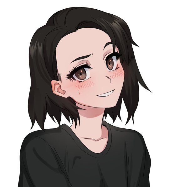 Anime picture 1800x2000 with original saki art single tall image looking at viewer blush highres short hair black hair simple background smile white background brown eyes upper body grin portrait sweatdrop girl