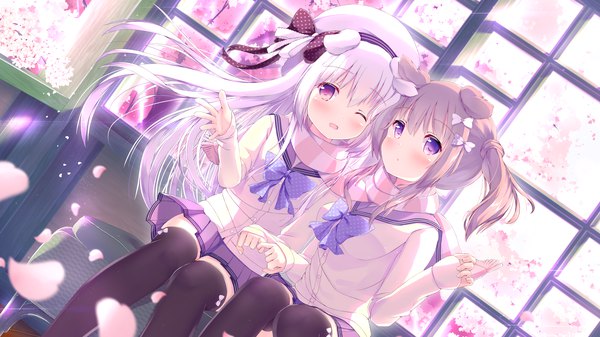 Anime picture 3840x2160 with original shiroi inu marron (shiratama) unwitherer long hair blush fringe highres open mouth hair between eyes brown hair wide image sitting purple eyes multiple girls animal ears absurdres white hair one eye closed cherry blossoms