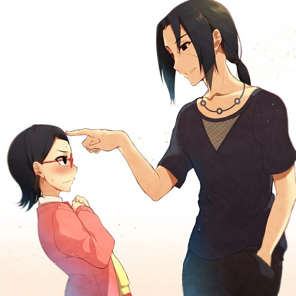 Anime picture 961x960 with naruto studio pierrot naruto (series) uchiha itachi uchiha sarada pochi (pochi-goya) long hair blush short hair black hair simple background smile standing white background profile fingernails black eyes leaning embarrassed outstretched arm