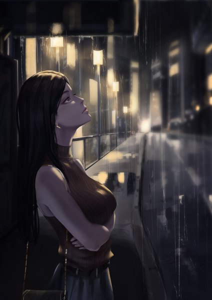 Anime picture 3508x4961 with original benghuai (yhae7454) single long hair tall image fringe highres breasts black hair bare shoulders brown eyes looking away absurdres outdoors profile blurry night city looking up crossed arms