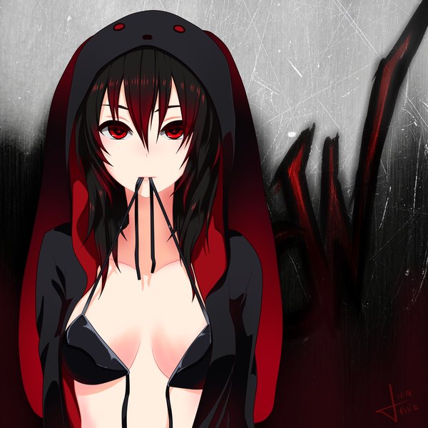 Anime picture 3000x3000 with wooser no sono higurashi ren (wooser) diemdenis single highres light erotic black hair red eyes multicolored hair two-tone hair coloring mouth hold girl hood