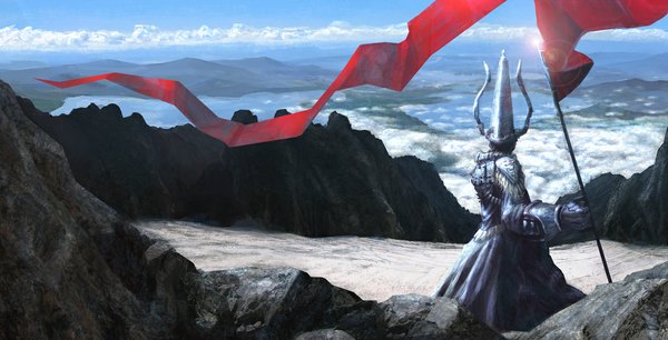 Anime picture 1181x603 with original tosh (artist) wide image sky cloud (clouds) horn (horns) from behind back mountain landscape fantasy rock armor helmet flag