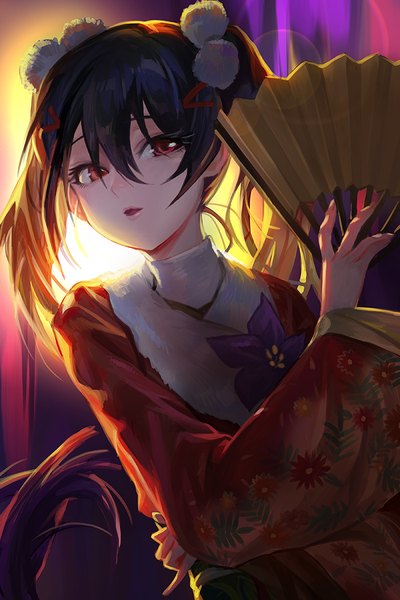 Anime picture 700x1050 with love live! school idol project sunrise (studio) love live! yazawa nico modare single tall image fringe short hair black hair red eyes twintails traditional clothes parted lips japanese clothes girl fan