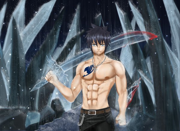 Anime picture 3506x2550 with fairy tail gray fullbuster air monger single looking at viewer highres short hair blue eyes standing absurdres nipples bare belly tattoo rain eyebrows bloody weapon shirtless boy navel belt