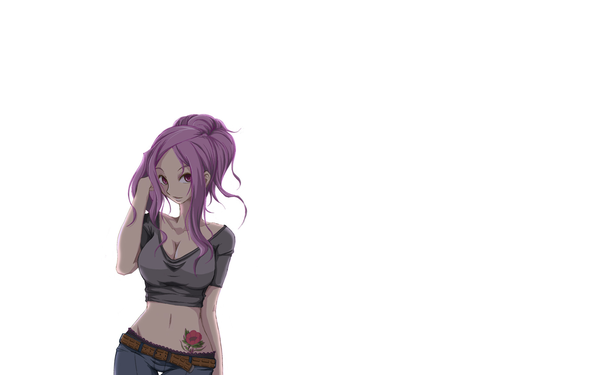 Anime picture 1920x1200 with eureka seven studio bones anemone tagme (artist) single long hair looking at viewer highres simple background wide image white background cleavage purple hair ponytail pink eyes bare belly midriff tattoo wallpaper adjusting hair