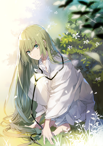 Anime picture 613x870 with fate (series) fate/grand order fate/strange fake enkidu (fate) eihi single tall image looking at viewer fringe hair between eyes green eyes very long hair barefoot green hair arm support squat androgynous boy plant (plants)
