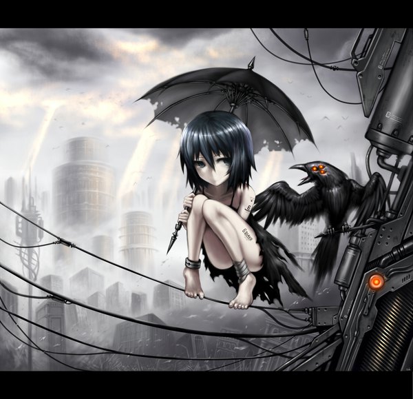 Anime picture 1100x1063 with original gia single looking at viewer fringe short hair light erotic black hair hair between eyes bare shoulders holding cloud (clouds) full body outdoors barefoot black eyes sunlight torn clothes letterboxed squat