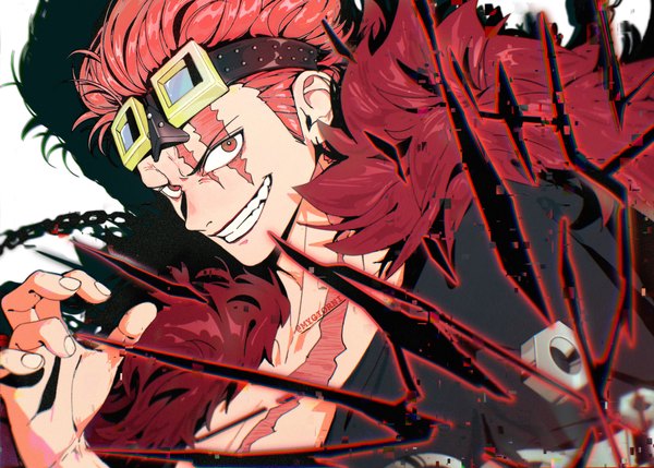 Anime picture 2800x2000 with one piece toei animation eustass kid mygiorni single looking at viewer highres short hair smile red eyes signed upper body red hair fingernails shadow twitter username grin scar goggles on head boy