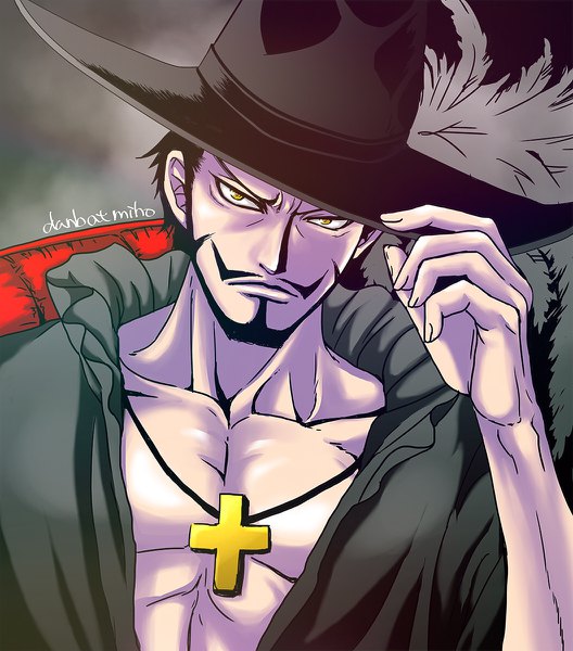 Anime picture 1056x1200 with one piece toei animation dracule mihawk danbat miho single tall image looking at viewer short hair black hair signed yellow eyes upper body head tilt fingernails eyebrows adjusting hat boy hat shirt feather (feathers)