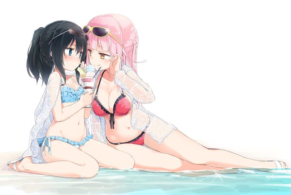 Anime picture 1194x800 with original lillian ljungstrom chloe withers homura subaru long hair blush fringe short hair breasts blue eyes light erotic black hair simple background hair between eyes white background sitting multiple girls yellow eyes payot pink hair