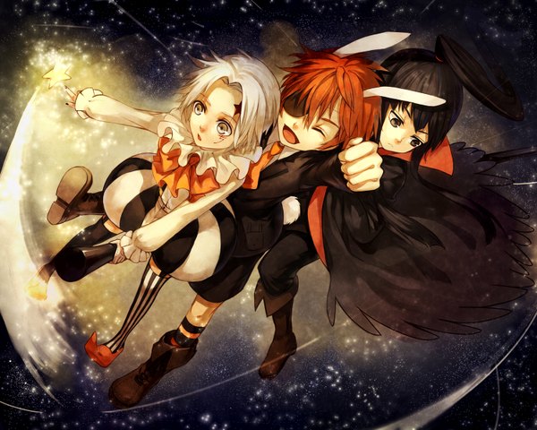 Anime picture 1500x1200 with d.gray-man allen walker kanda yuu lavi pananada long hair short hair open mouth blue eyes black hair smile standing animal ears white hair eyes closed bunny ears alternate costume magic facial mark halloween