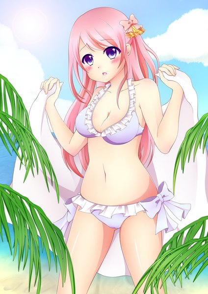 Anime picture 672x950 with original akimiya (pixiv id1271747) single long hair tall image looking at viewer blush fringe breasts open mouth light erotic standing bare shoulders holding payot pink hair sky cloud (clouds) outdoors head tilt