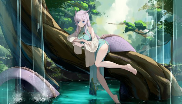 Anime picture 6142x3508 with original daidai gege single long hair looking at viewer blush fringe highres blue eyes wide image sitting bare shoulders payot absurdres full body outdoors white hair tail blunt bangs traditional clothes