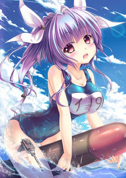 Anime picture 707x1000 with kantai collection i-19 submarine shirakawako long hair tall image blush breasts open mouth light erotic red eyes large breasts twintails blue hair sky cloud (clouds) girl bow swimsuit hair bow water