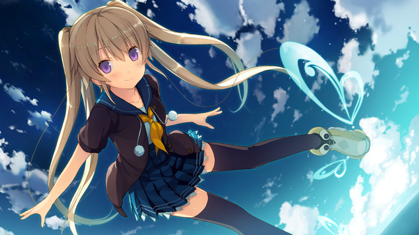 Anime picture 1280x720 with ao no kanata no four rhythm sprite (company) arisaka mashiro akinashi yuu single long hair looking at viewer blush fringe brown hair wide image twintails looking away game cg sky cloud (clouds) outdoors pleated skirt light smile wind