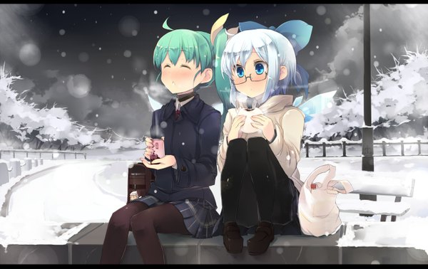 Anime picture 1330x840 with touhou cirno daiyousei shin (new) blush short hair blue eyes multiple girls white hair eyes closed green hair snowing letterboxed winter snow exhalation bespectacled girl skirt uniform