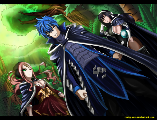 Anime picture 2000x1527 with fairy tail jellal fernandes ultear milkovich meredy (fairy tail) rocky-ace long hair highres short hair black hair multiple girls brown eyes green eyes yellow eyes blue hair pink hair sunlight coloring face paint girl dress
