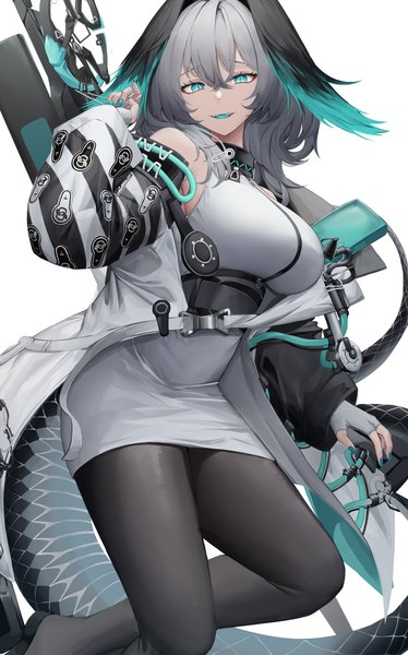 Anime picture 2579x4133 with arknights ho'olheyak (arknights) mea (hwaksal) single tall image looking at viewer fringe highres short hair simple background hair between eyes white background tail nail polish animal tail aqua eyes grey hair open jacket head wings aqua nail polish