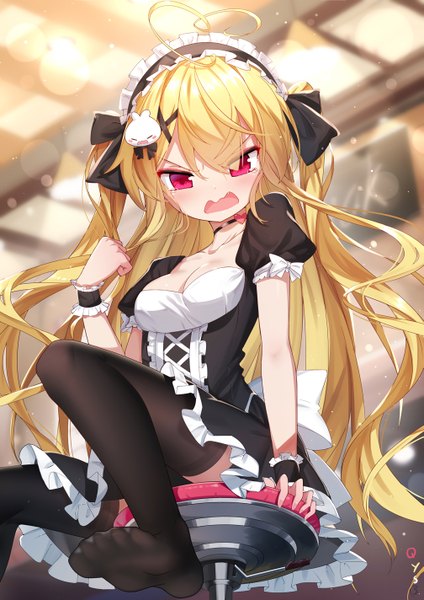 Anime picture 1007x1424 with niliu chahui tokisaki asaba qys3 single long hair tall image looking at viewer blush fringe breasts open mouth light erotic blonde hair red eyes sitting ahoge indoors hair over one eye from below maid
