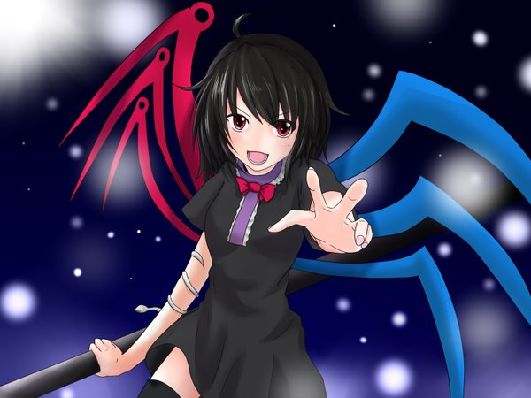 Anime picture 1600x1200 with touhou houjuu nue kanon (pixiv256608) single looking at viewer blush short hair black hair red eyes outstretched hand asymmetrical wings girl thighhighs dress wings black dress